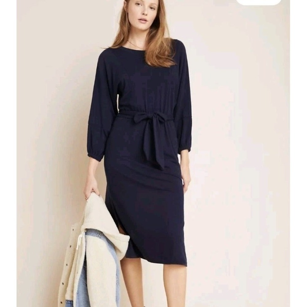 Anthropologie Dress Thalia Size Small Navy Blue Jersey Belted Long Sleeve‎ Midi